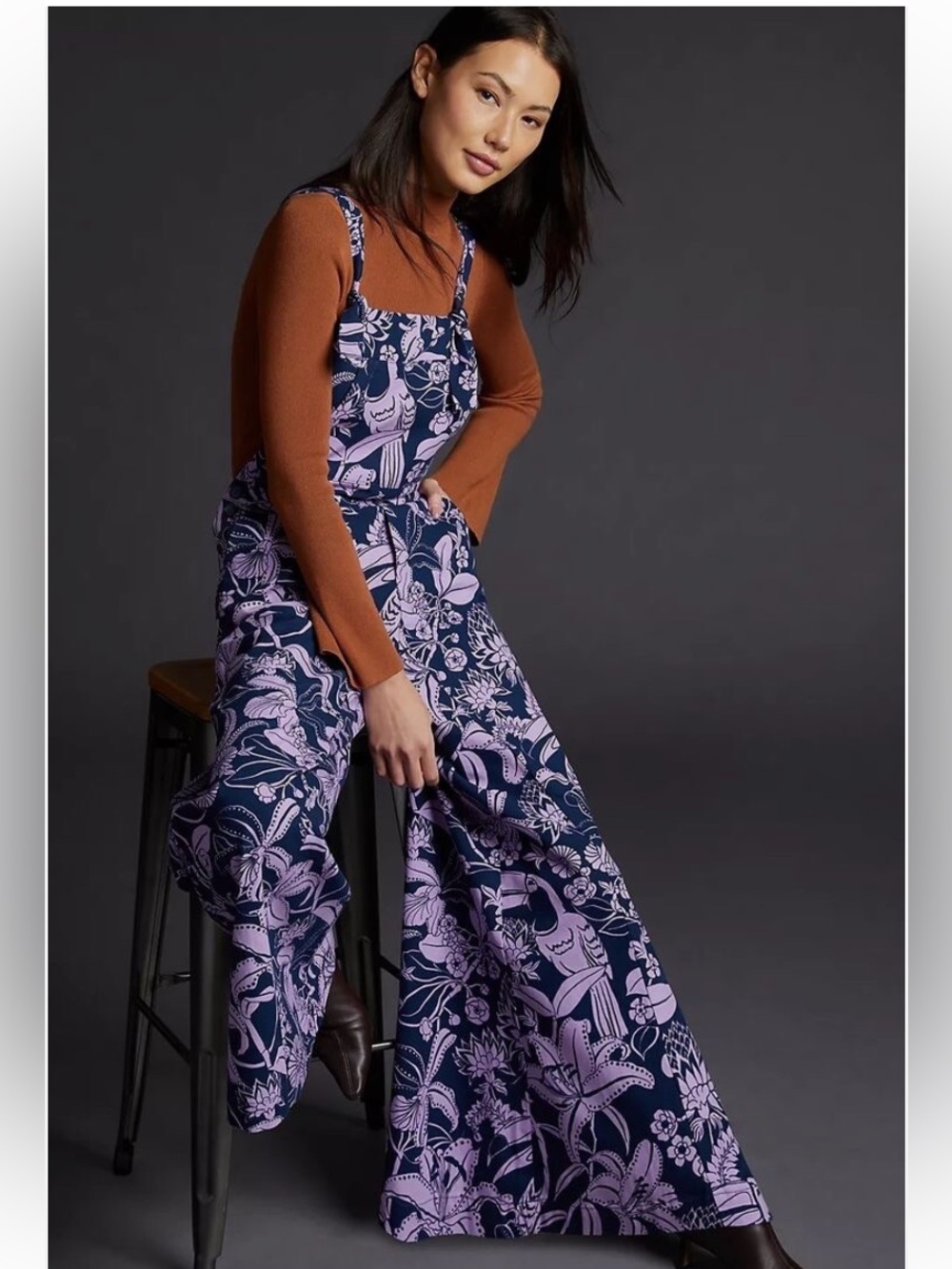 New Anthropologie FARM Rio Floral Wide Leg Purple Resort Jumpsuit Overalls M - Picture 2 of 6